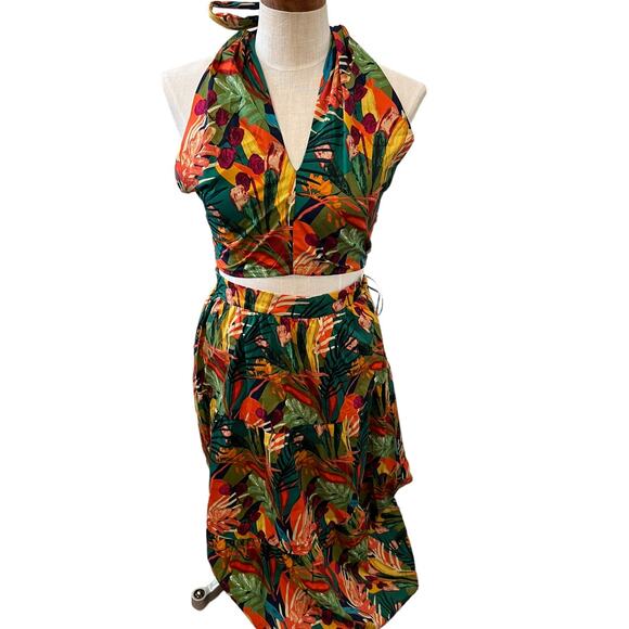 Revolve OPT One Pretty Time green tropical print halter & maxi skirt set S - Picture 1 of 8